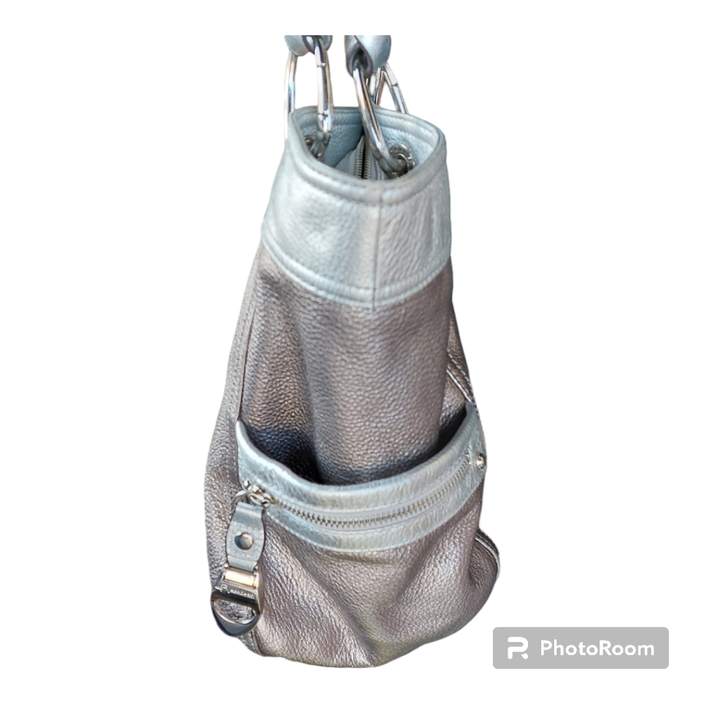 B. Makowsky Pewter Pebbled Finish Leather Shoulder Bag With Silver Hardware - Picture 5 of 14